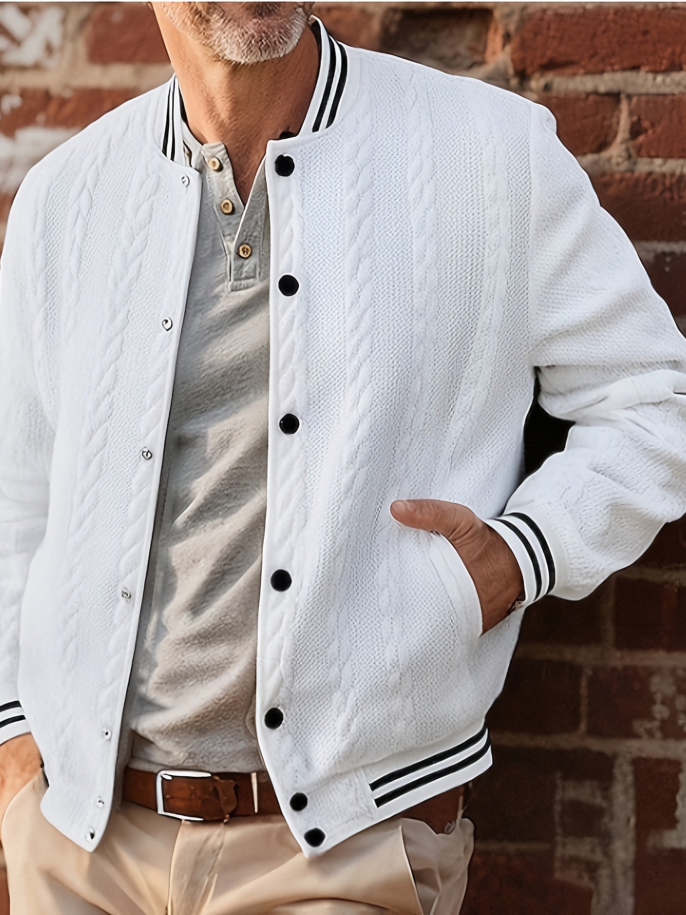 Men's Lightweight Bomber Jacket - White/Black Contrast & Dark Blue Piping, Machine-Washable Casual Coat with Button Closure, No- Design for Fall/Winter, Versatile Outerwear (Beige/Pink Shades Available) - Stylish & Breathable