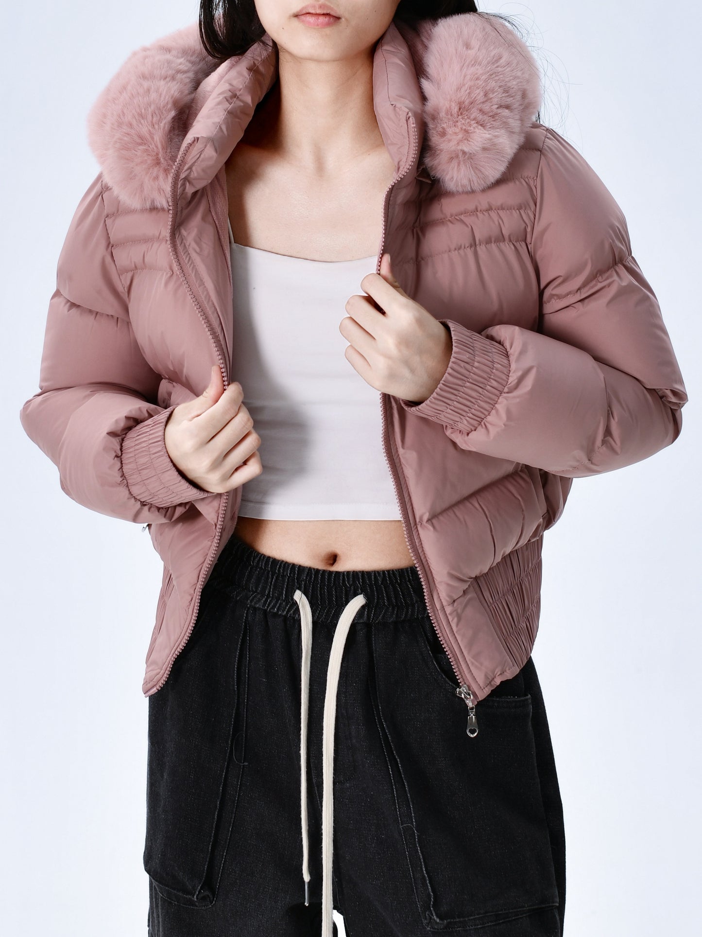 Elegant Polyester Padded Jacket for Women - 2024 Fashion Short Solid Color Coat with Thick Faux Fur Collar, Long Sleeves, Zipper Detail, Woven - Winter Warmth Casual Outerwear