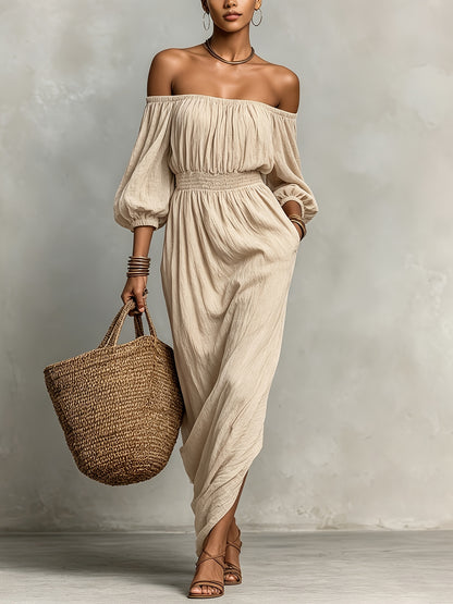 Elegant Off-Shoulder Apricot Maxi Dress with Puff Sleeves