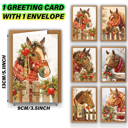 1set/12pcs/24pcs Christmas Horse Pattern Greeting Cards with Envelopes, Folded 9*13cm, 3.54*5.11in; Unfold 18*13cm 7.08*5.11in, 9 Sheets per Set, Christmas Cards With Envelopes, Funny Christmas Cards, Cards For All Occasions
