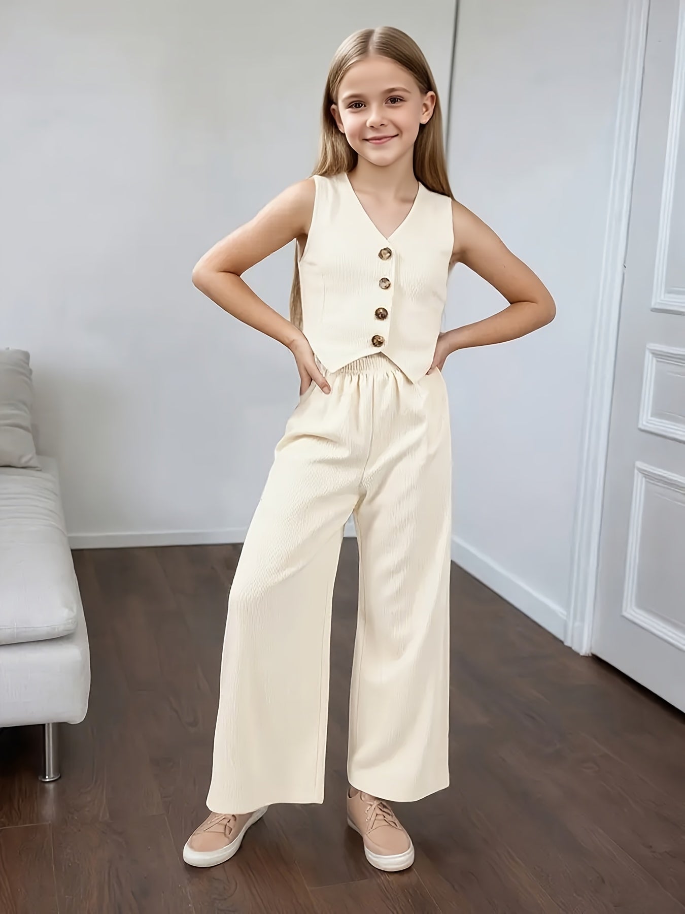 Girls' Summer Casual Tank Top & Wide-Leg Pants Set Ages 7-16