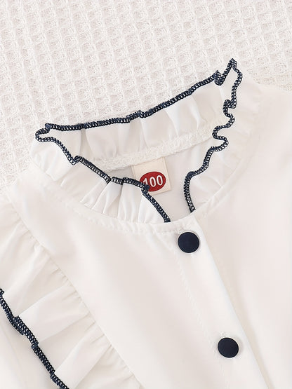Girls' Preppy Half-Zip Long Sleeve Dress with Bow Belt