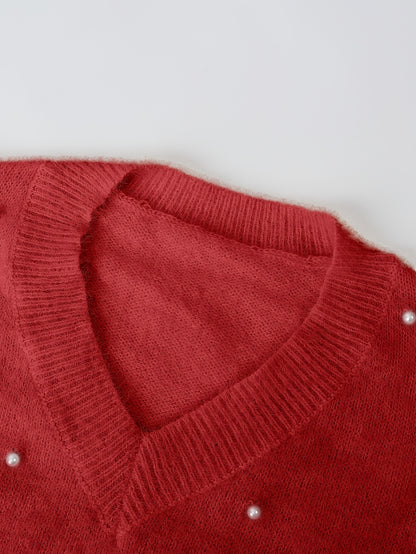 Plus Size - Women'S Cozy Yellow V-Neck Sweater with Pearl Buttons & Fleece-Lined Cuffs - Asymmetrical Hem, Geometric Pattern, Casual Winter Pullover for Casual Attire, Winter Apparel | Vneck Sweater | Pearl Button Details, Sw