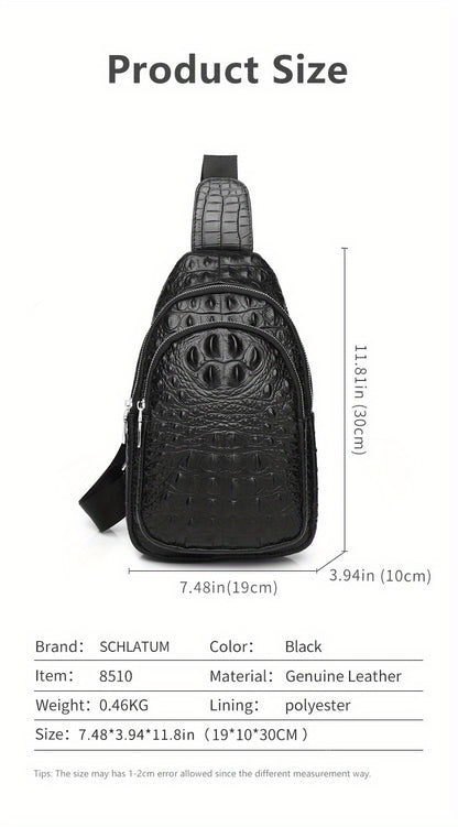 SCHLATUM Genuine Leather Crocodile Pattern Sling Bag - Black, Large-Capacity Multifunctional Crossbody Backpack for Travel, Sports  Camping, Stylish Zipper Closure Design