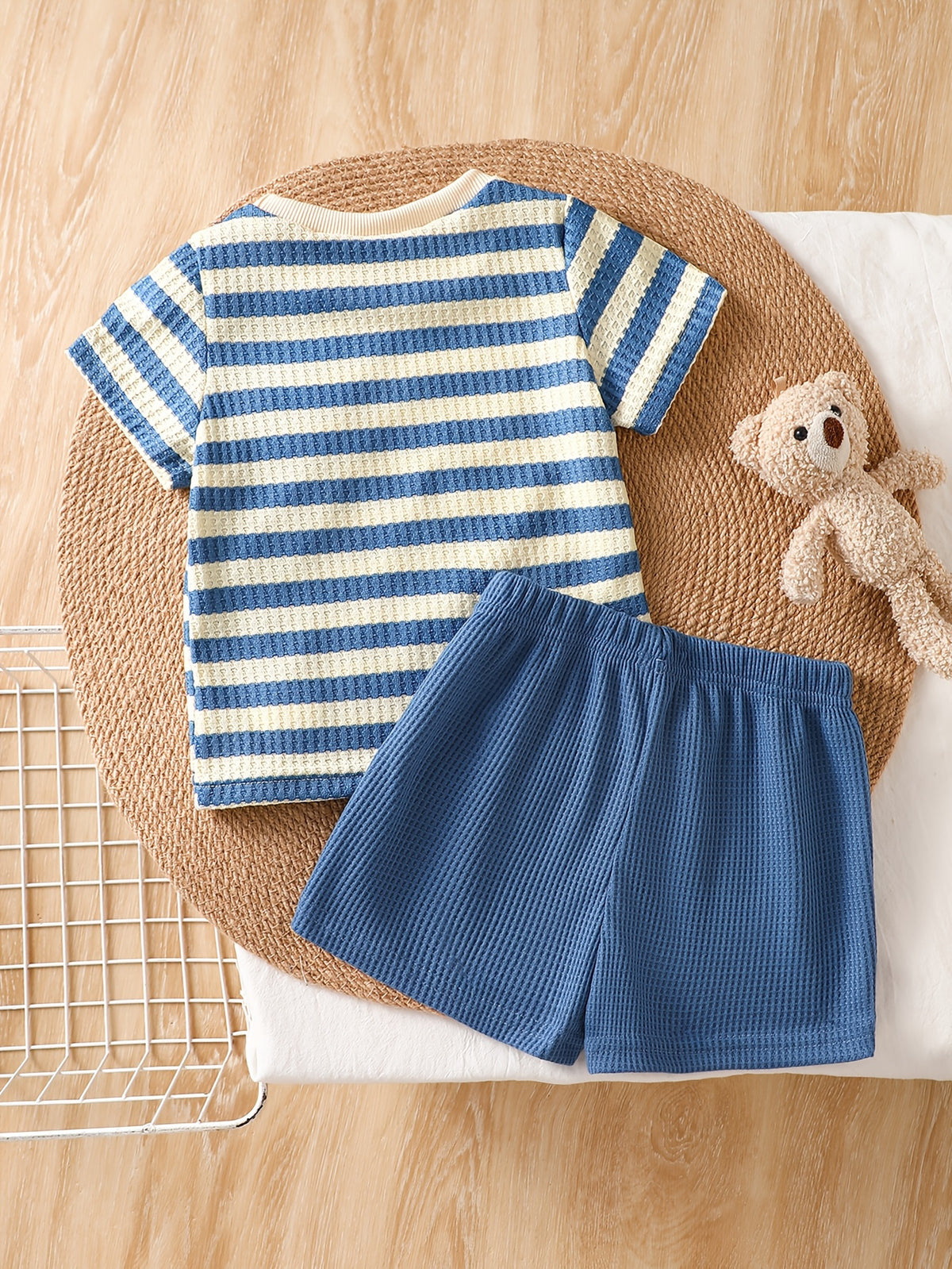 Baby Summer Striped Red White Set with Bear Plush Shorts - ayq