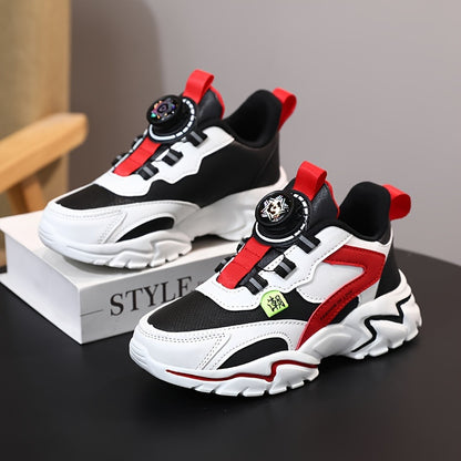Boys' Fashion Sneakers with Striped Design - Casual Sports Running Shoes with Rotary Buckle Closure, Low Top PU Upper, Fabric Lining, EVA Sole, All-Season Comfort for Daily Wear - Tassel Detail, Round Toe for Ages 14 and Unde