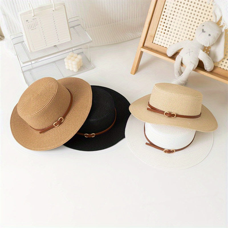 Women’s Summer Straw Sun Hat with Flat Brim and Bowknot