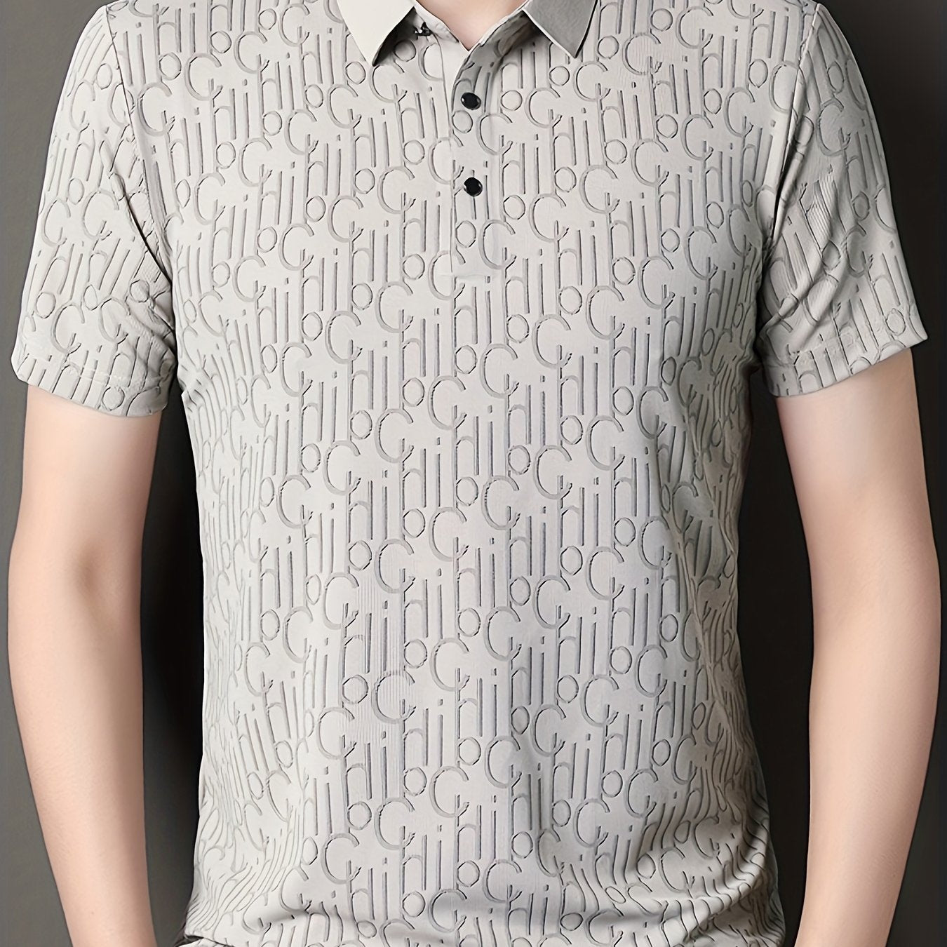 Men'S Casual Summer Short Sleeve T-Shirt with "Gil" Letter Print, Light Gray, Button-Up Collar, Medium Stretch Fabric, Regular Fit, Perfect for Weekend Outings, Relaxed Outing Shirt   Letter Print Tee   Medium Stretch Fabric