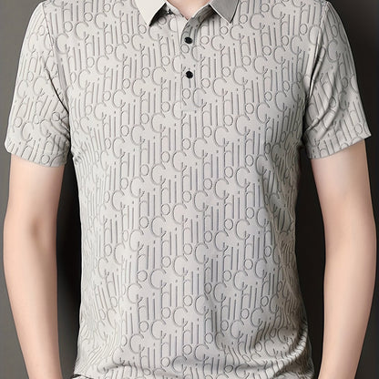 Men'S Casual Summer Short Sleeve T-Shirt with "Gil" Letter Print, Light Gray, Button-Up Collar, Medium Stretch Fabric, Regular Fit, Perfect for Weekend Outings, Relaxed Outing Shirt   Letter Print Tee   Medium Stretch Fabric