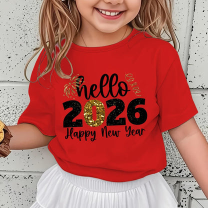 Girls' 2026 New Year T-Shirt - Hello 2026 Happy New Year Graphic Tee with Golden Number 2026, Heart, & Golden Lettering - Lightweight Summer Top for Birthday Party, Girls Clothes
