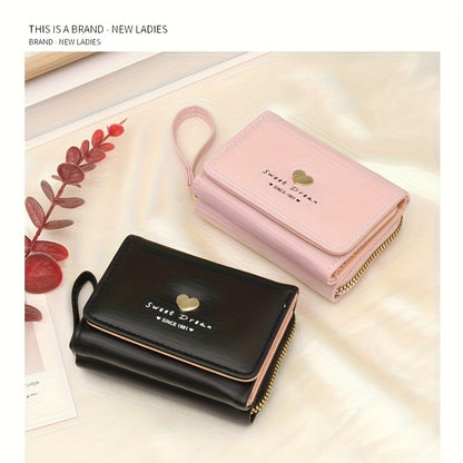 New Women'S Short Wallet, Cute Korean-Style Heart-Shaped, Large Capacity with Multiple Card Slots, Trendy Tri-Fold Design.