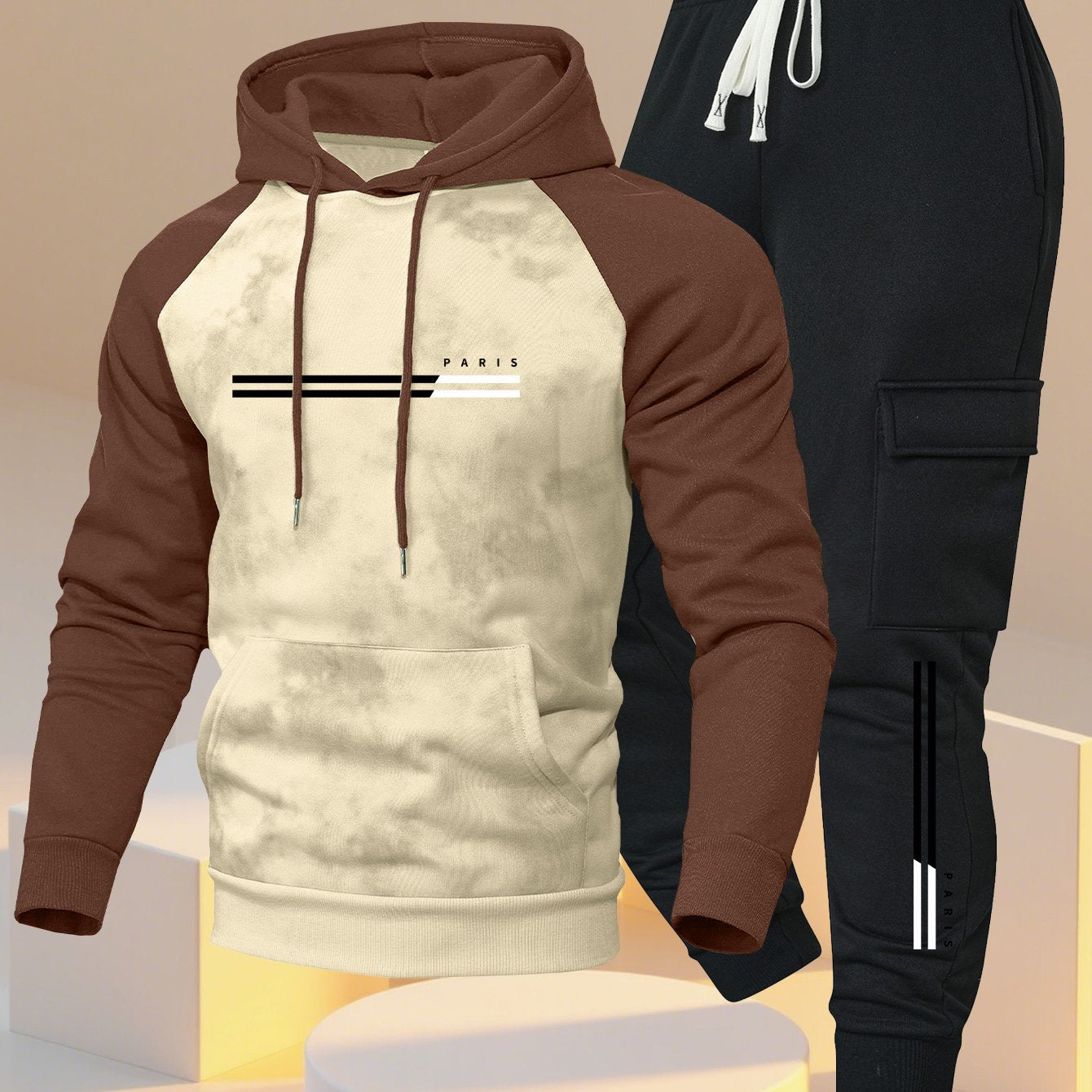 A New Trendy Color-Blocked Hoodie with Raglan Sleeves And Loose-Fitting Cargo Pants Featuring Multiple Pockets, Perfect for Casual Everyday Wear. This Breathable Hoodie And Loose Long Pants Set Comes in a Two-Piece Print Desi