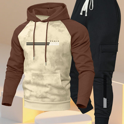 A New Trendy Color-Blocked Hoodie with Raglan Sleeves And Loose-Fitting Cargo Pants Featuring Multiple Pockets, Perfect for Casual Everyday Wear. This Breathable Hoodie And Loose Long Pants Set Comes in a Two-Piece Print Desi