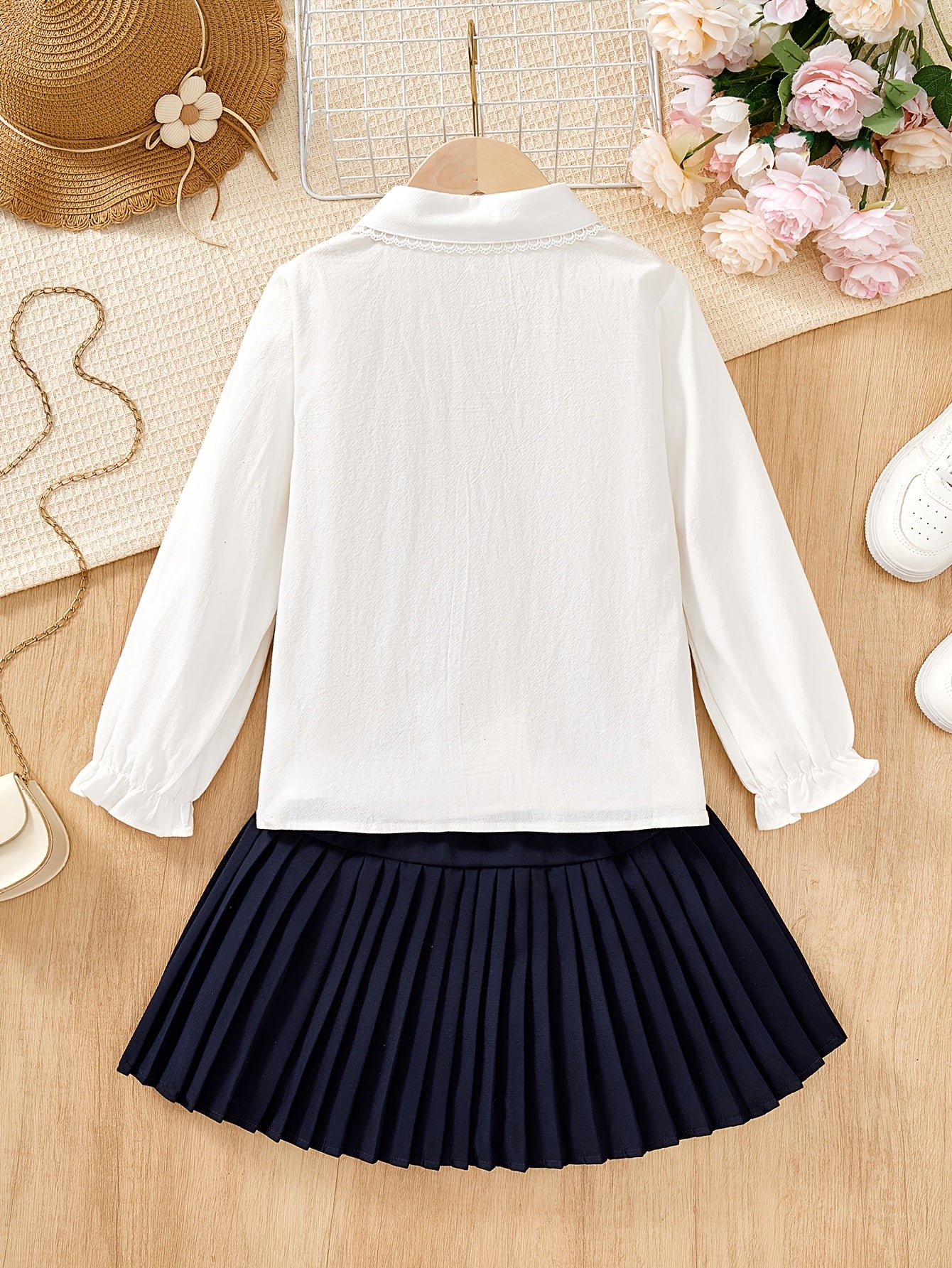 Girls' Preppy 2-Piece School Set with Lace Blouse & Pleated Skirt