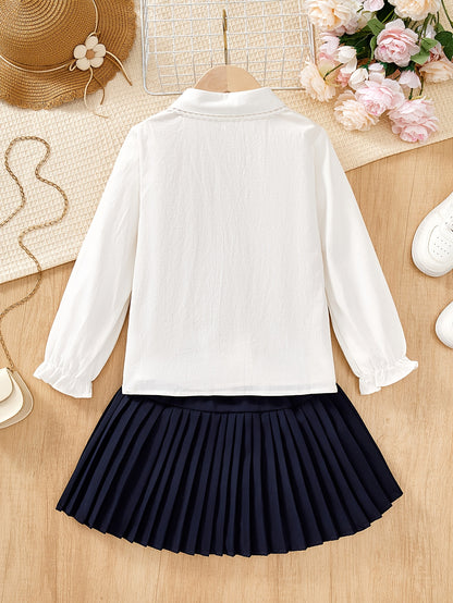 Girls' Preppy 2-Piece School Set with Lace Blouse & Pleated Skirt