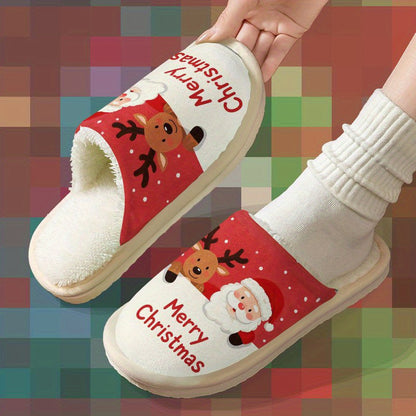 Santa Claus & Reindeer "Merry Christmas" Women's & Men's Home Slippers, Christmas Gift, Couple's Indoor Slippers, Super Comfortable Printed Slippers for Autumn & Winter,  Cozy Homewear, Christmas Design, Festive Print, Comfor