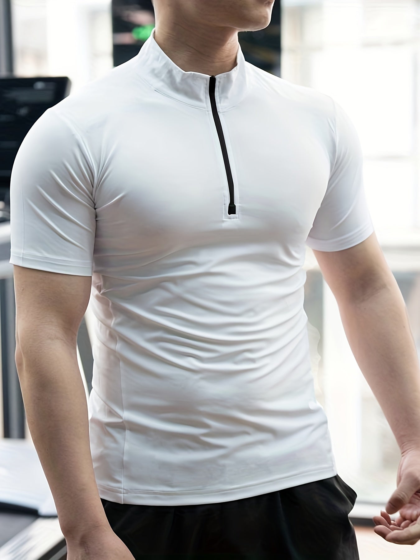Men's Summer Quick-Dry High Neck T-Shirt - Moisture-Wicking Stretch Fabric, Slim Fit Athletic Top for Gym, Running  Training - Solid Color Breathable Workout Shirt, Gym Clothes