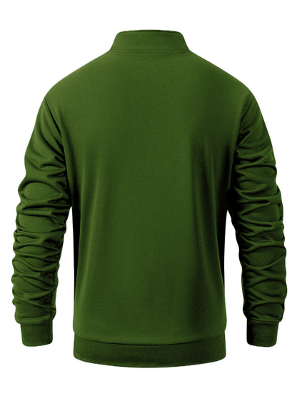 Men's Solid Color Green Full-Zip Stand Collar Jacket - Lightweight Workwear Coat with Zippered Pockets, Machine Washable, Regular Fit for Gym, Hiking, Casual & Outdoor Activities - Versatile All-Season Outerwear