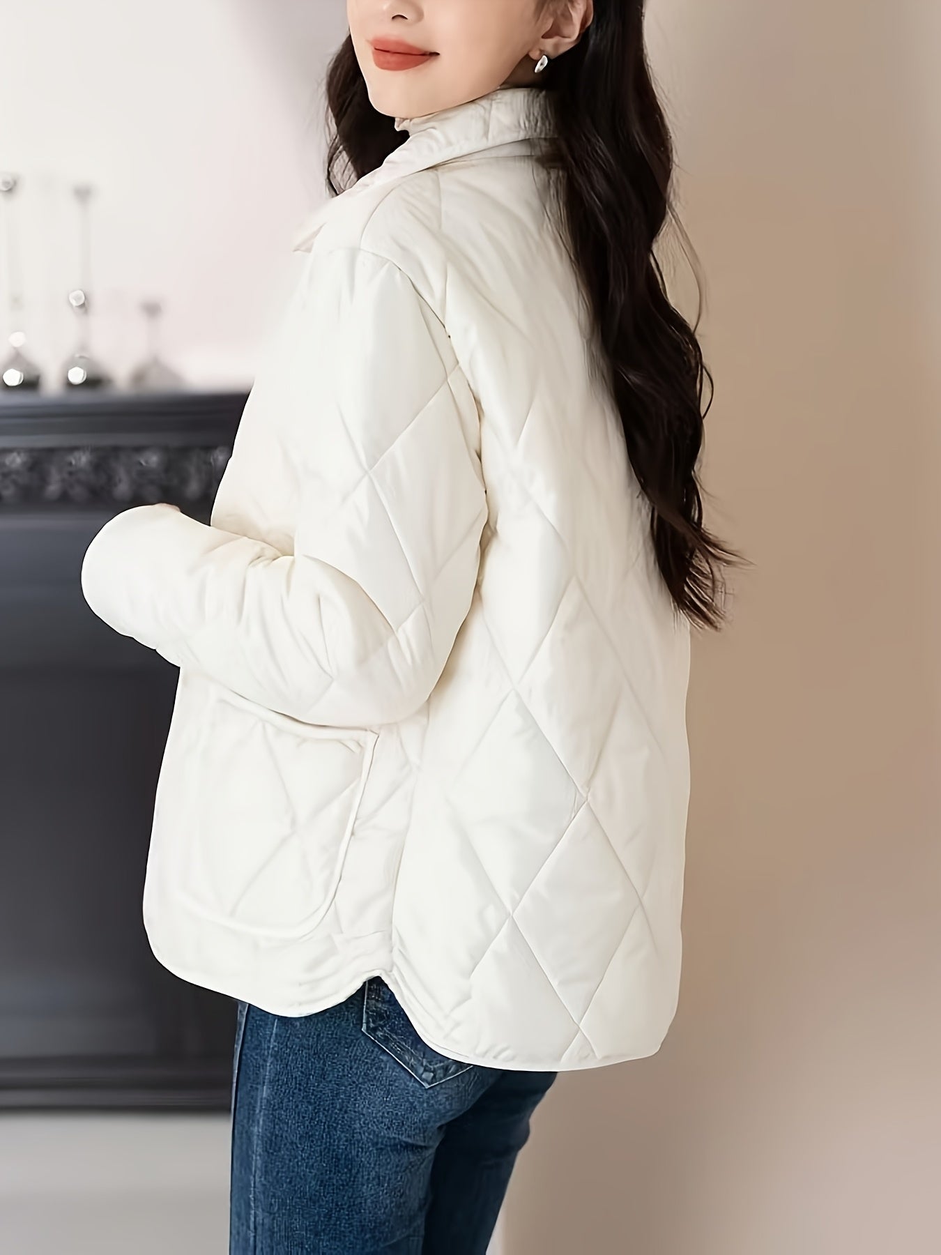 Women'S Elegant Beige Quilted Jacket - Long Sleeve, Button-Up, Stylish Autumn & Winter Coat, 100% Polyester Non-Stretch Fabric, Casual Style, Regular Fit, Autumn Winter Jacket|Quilted Jacket|Stylish Jacket