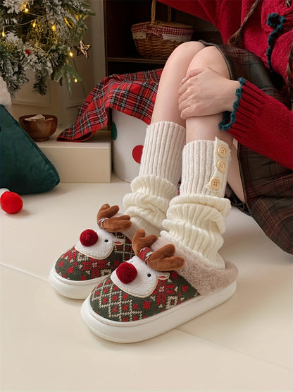 XIXITIAO Women's /Korean Style Winter Slippers - Deer & Reindeer Pattern Cozy Warm Booties, Soft Fabric & Sole for Indoor/Outdoor Use, Cute Animal Shoe for Christmas, Hand Washable