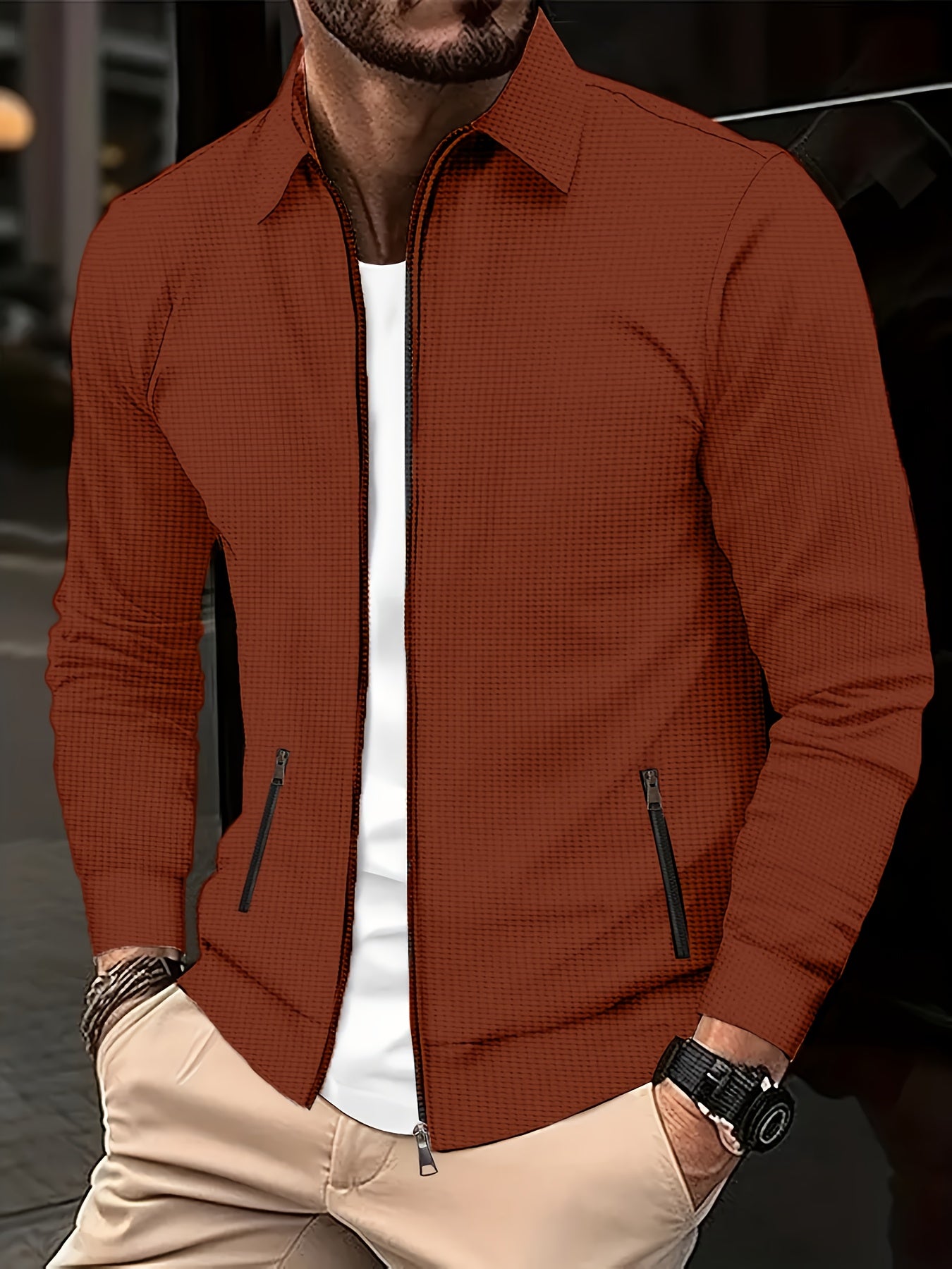 Men's Plain Waffle Zipper Jacket Casual Daily Fashion