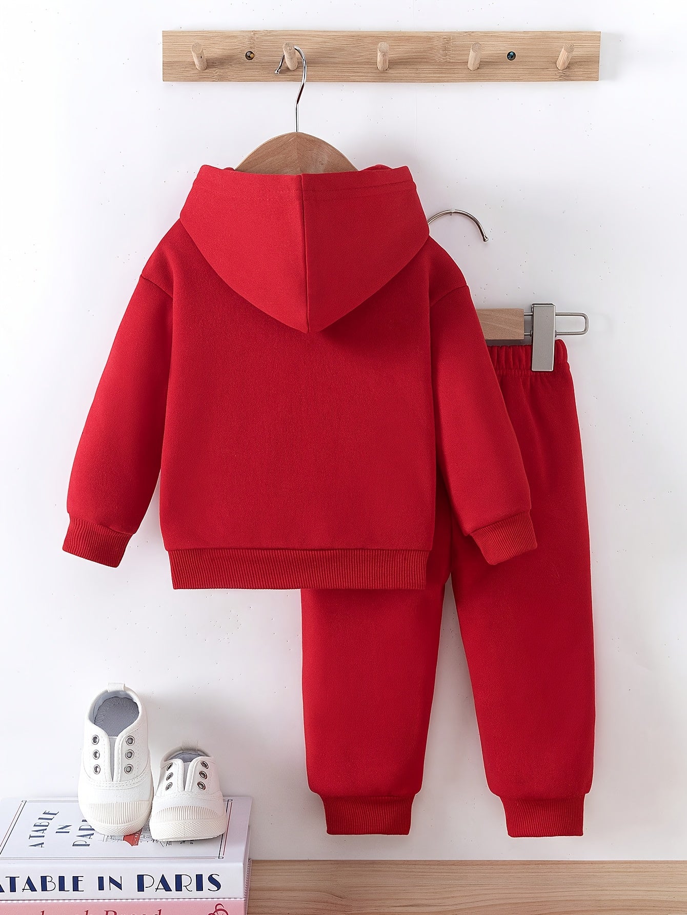 ' Fashionable Comfort Red Solid Long Sleeve Hooded Flannel Sweatshirt + Casual Sport Pants for Autumn/Winter, Valentine's Day and New Year Scenes, Hoodie, Winter Wear, Holiday Outfit, Stylish Wear, Warm Hoodie, Soft Flannel F