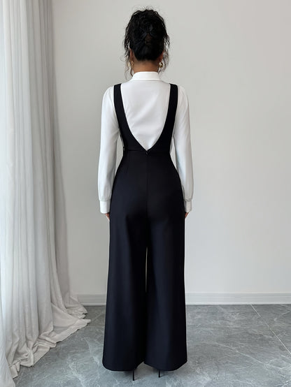 Women's Elegant Black Deep V-Neck Polyester Jumpsuit