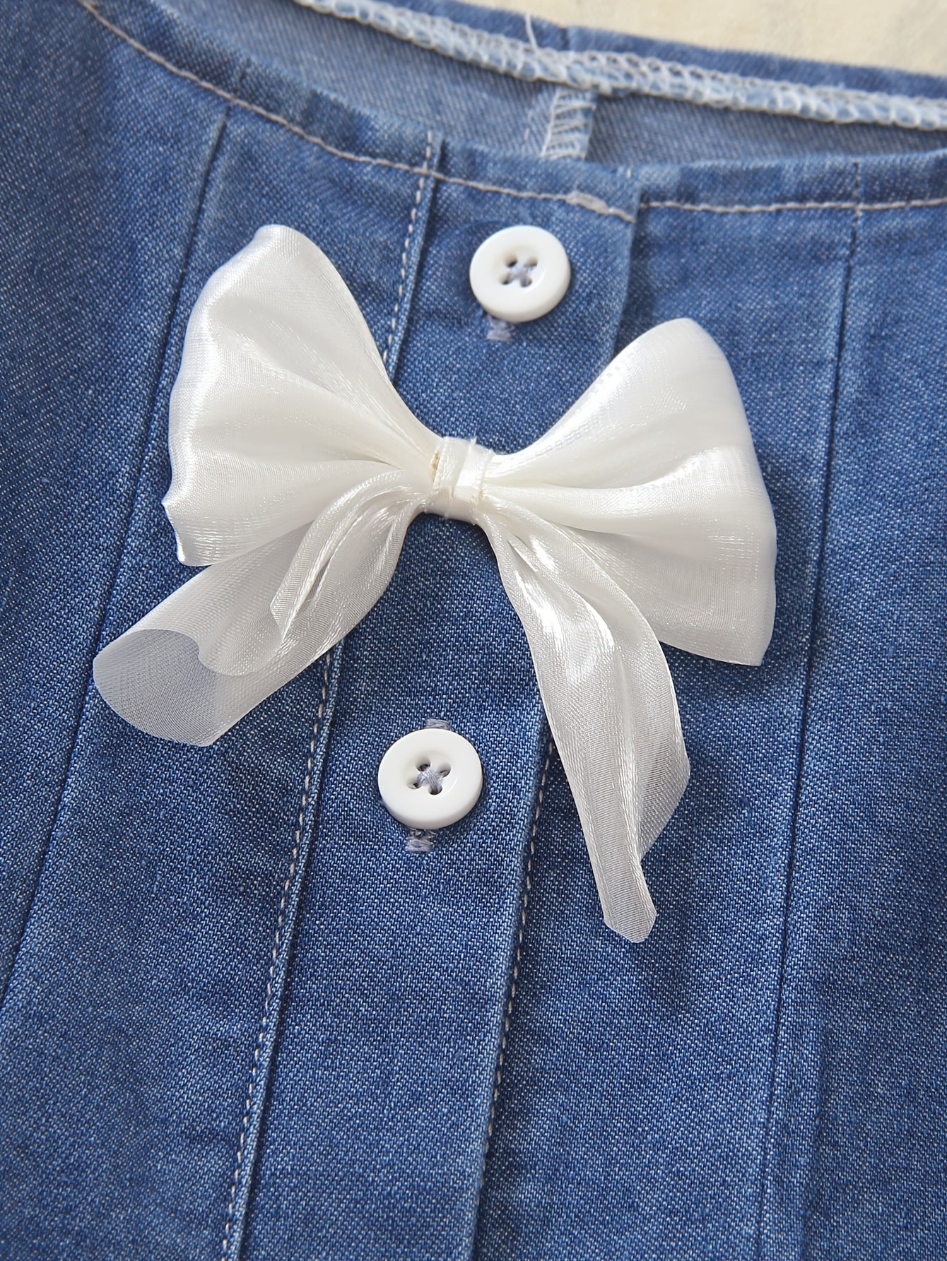 Girls' Casual Knee-Length Denim Dress with Bow & Square Neck