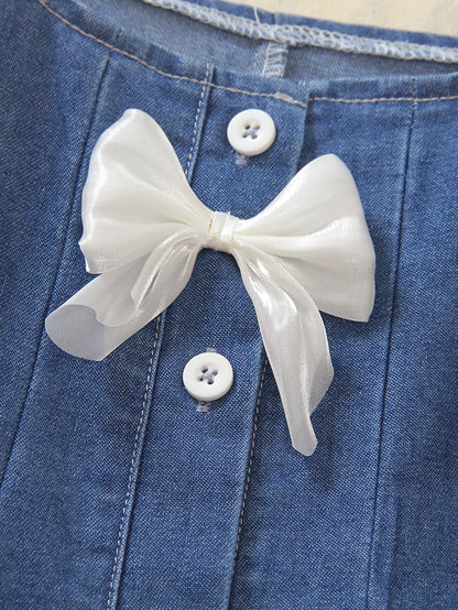 Girls' Casual Knee-Length Denim Dress with Bow & Square Neck