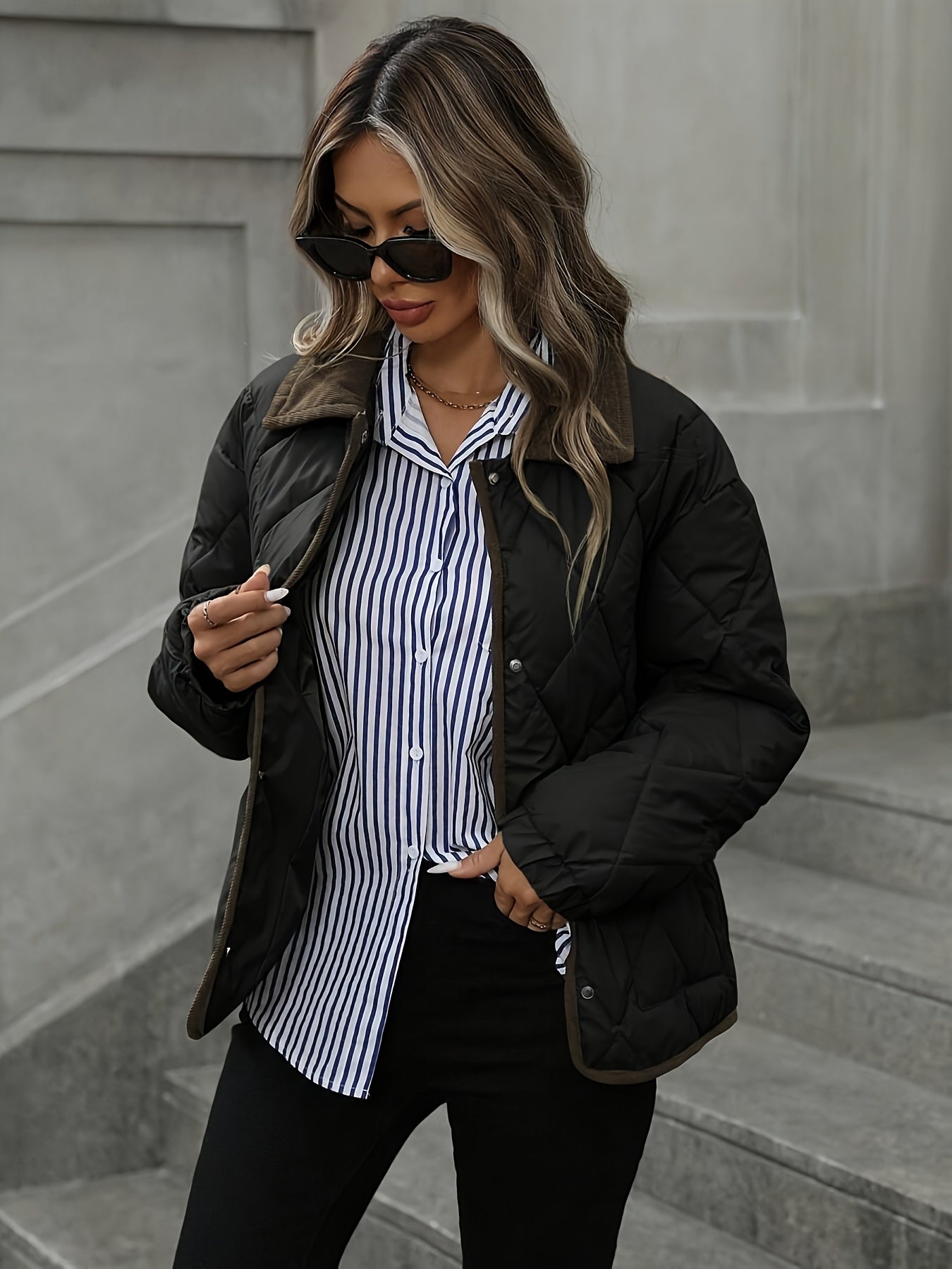 Rhombus Pattern Fashion Women's Top, Collar Spliced Single-Breasted Short Coat, Winter 2024 New Arrival, Contrast Trim, Petite-Friendly Jacket, Fashionable Warm Casual Outerwear, High-Reviewed