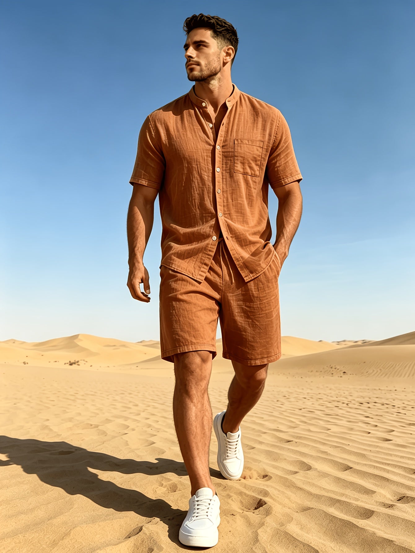 Men's Linen Short Sleeve Shirt & Solid Shorts Set for Summer