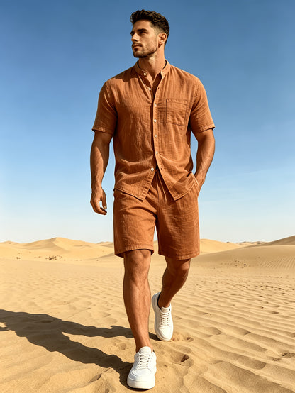 Men's Linen Short Sleeve Shirt & Solid Shorts Set for Summer