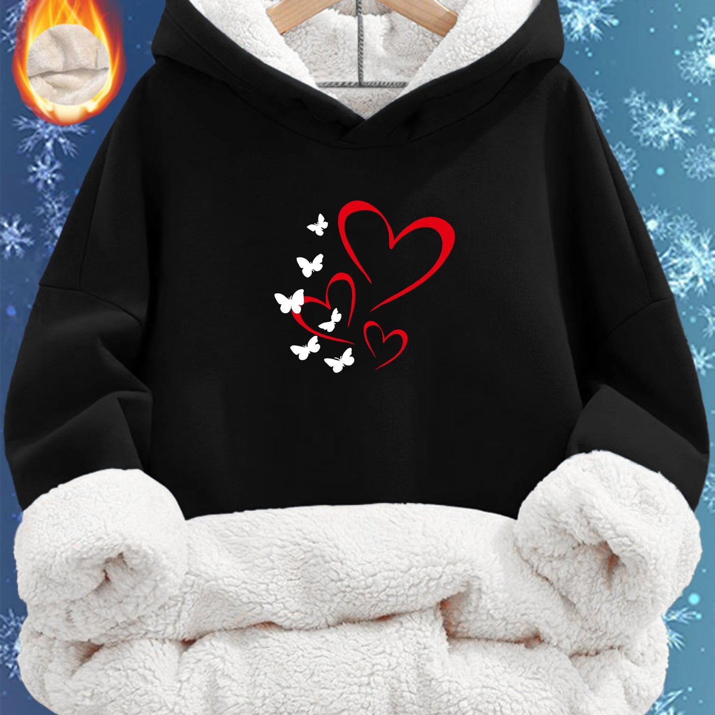 Women'S Cozy Fleece-Lined Hoodie with Heart & Butterfly Print - Long Sleeve, Warm Pullover for Fall & Winter, Machine Washable, Soft, Casual Outdoor Wear, & Camping, All-Season Comfort, Casual Winter Wear | Cozy Hoodie | Soft
