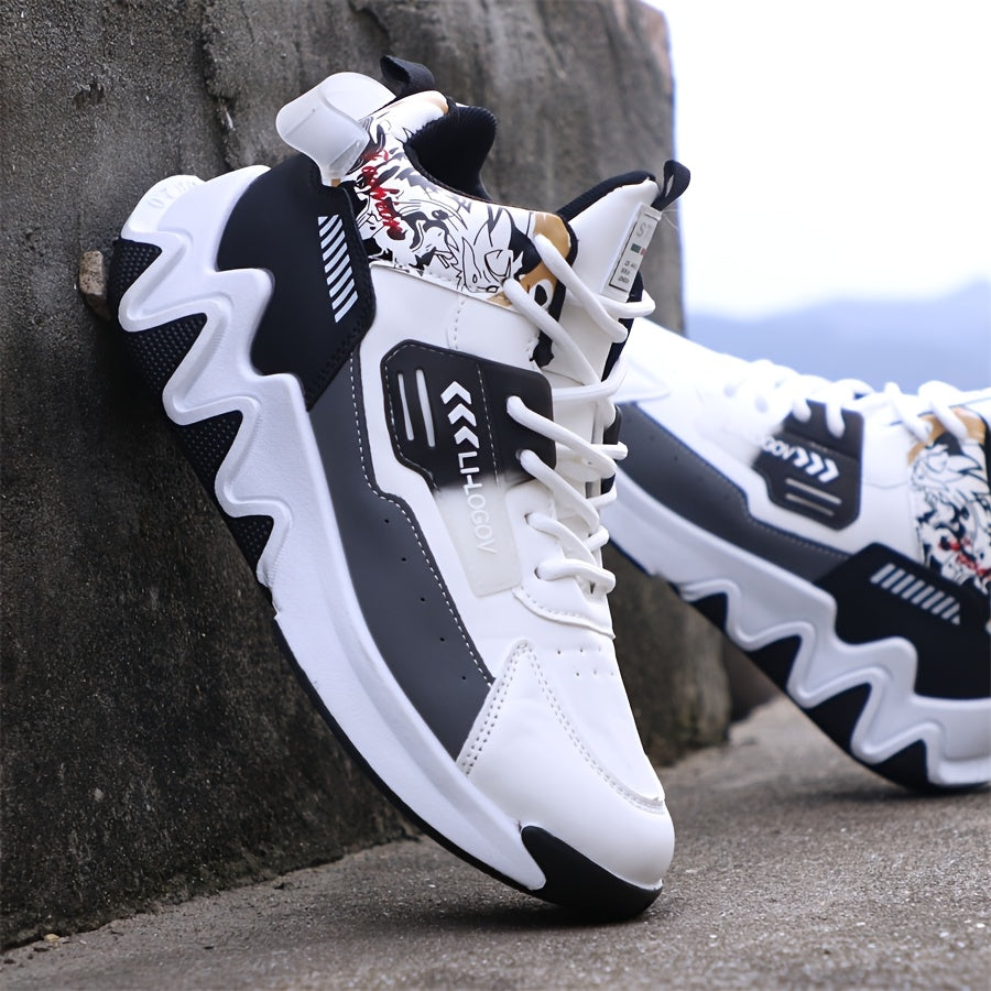 Men's High-Top Basketball Sneakers, Preppy Street Style, Solid Color with Cartoon  Stripes, All-Season Lace-Up Sports Shoes, Faux Upper, Fabric Inner, Rubber Sole, for Running, Hiking  Casual Wear, Outdoor Activities Shoes