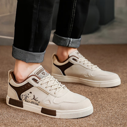Men's Spring Collection Black and Beige Casual Sneakers - Anti-Slip, Odor-Resistant, Thick Rubber Sole for Height Boost, Lace-Up Sports Shoes with Fish Design