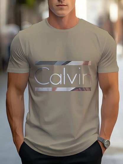 Men'S "Calvin" Graphic T-Shirt - Casual 3D Print Letter Tee with Geometric Design, Short Sleeve, Round Neck, Light Blue, Perfect for Summer, Everyday  Sportswear, Casual Wear Tee   Modern Casualwear   Comfortable Fit
