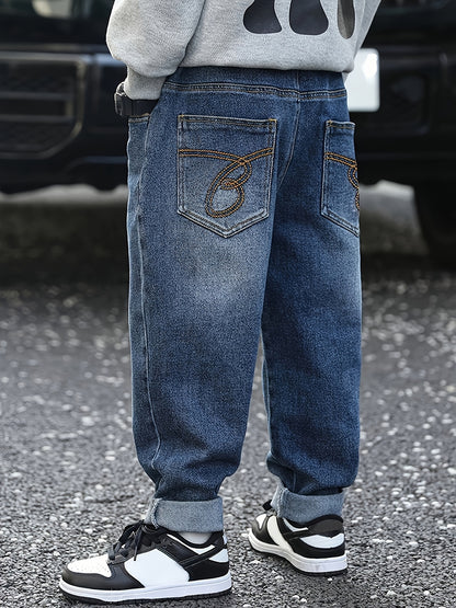 Boys' Straight Leg Denim Jeans for Spring & Fall, Casual Style