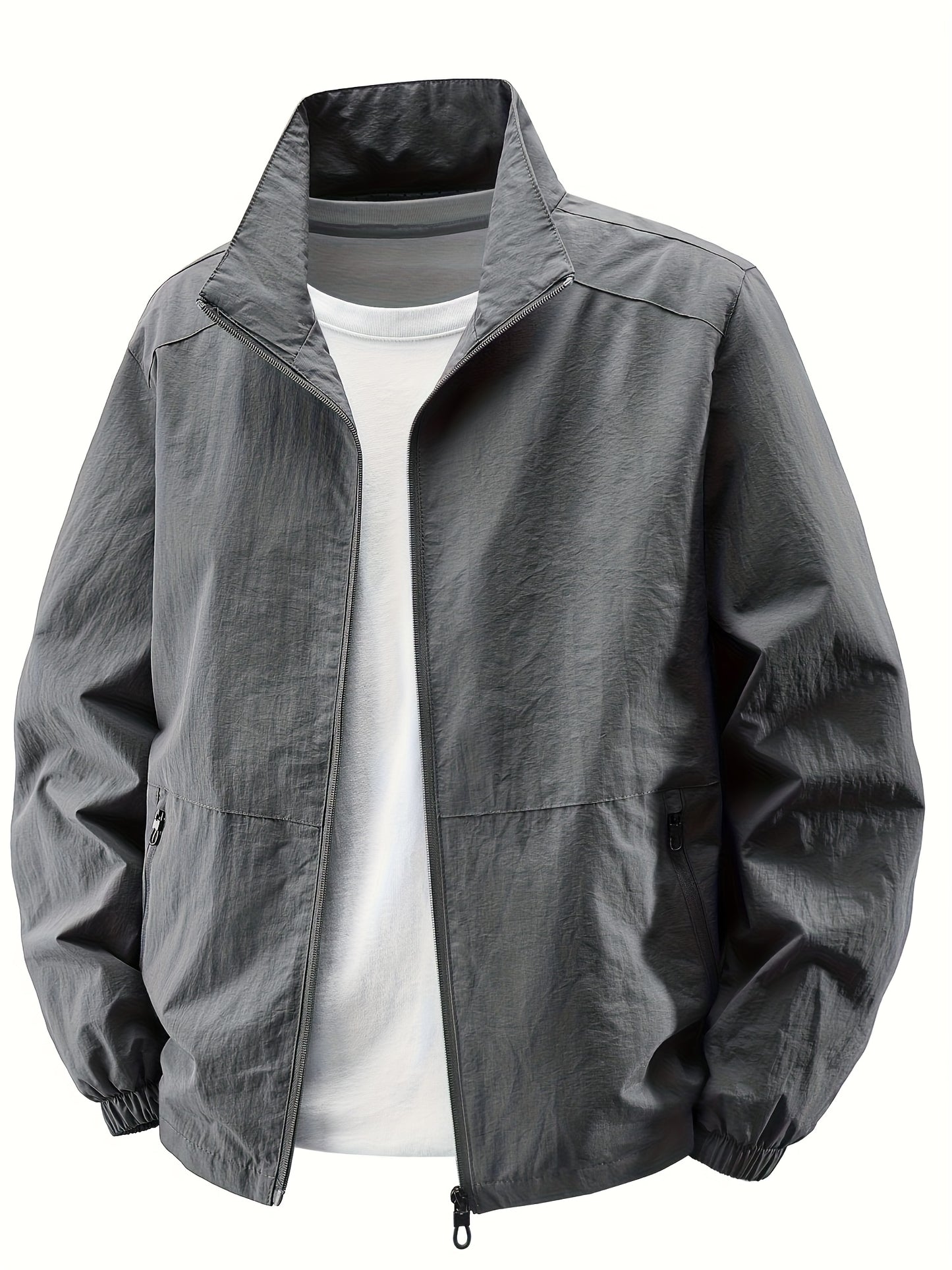 Men'S Olive Green Bomber Jacket with Stand Collar - Casual, Comfortable, Zip-Up Outerwear for Outdoor Activities, Casual Attire|Stand Collar Jacket|Zippered Jacket