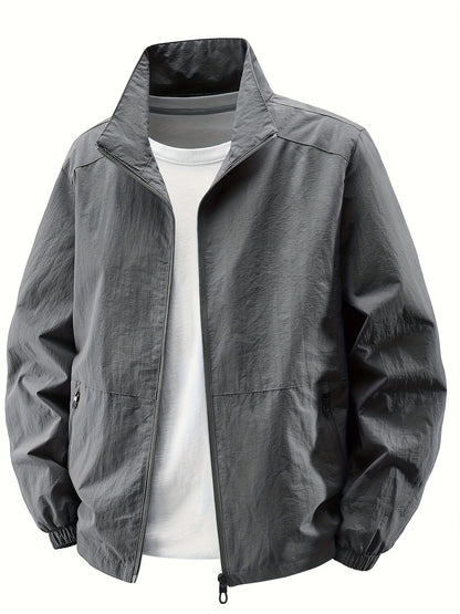 Men'S Olive Green Bomber Jacket with Stand Collar - Casual, Comfortable, Zip-Up Outerwear for Outdoor Activities, Casual Attire|Stand Collar Jacket|Zippered Jacket