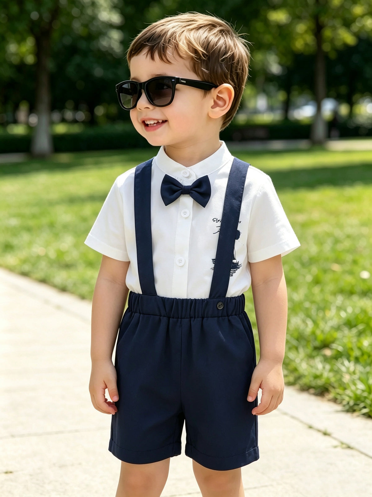 Baby Boy Preppy Suit with Sailboat Print Overalls & Bow Tie