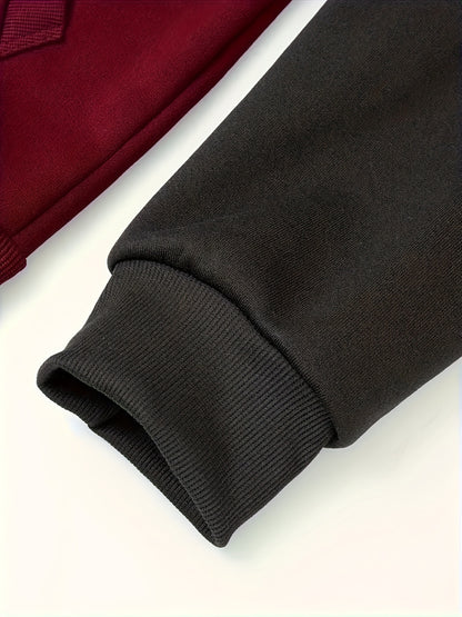 Men'S Stylish Color Block Hoodie - Casual Zip-Up Hooded Sweatshirt with Front Pockets, Long Sleeves, and Ribbed Cuffs - Maroon & Black Design, Comfortable for Fall and Winter Wear