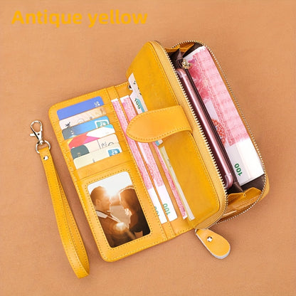 Two-Layer Cowhide Leather Clutch Wallet for Men & Women, Casual Large Capacity RFID Blocking Zippered Hand Purse with Transparent ID Slot and Anti-Theft Brush, Versatile for Going Out