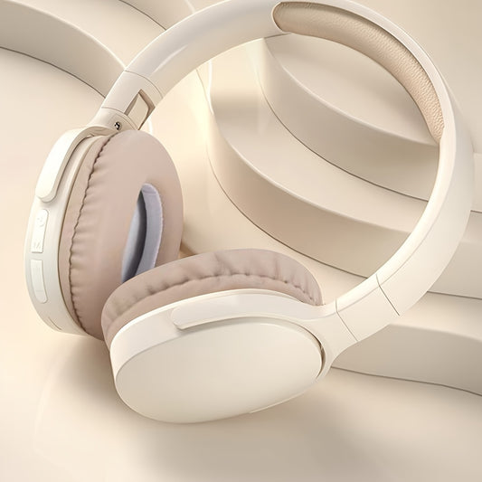 Beige Wireless Headphones, High Fidelity Stereo Sound, Foldable Design, Suitable for Travel and Sports, Compatible with Mobile Phones, Button Volume Control, USB Type-C Charging, Rechargeable Lithium Polymer Battery, Non-Wate