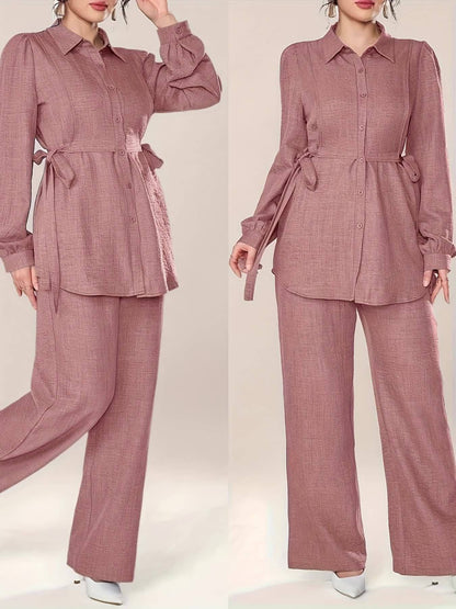 Women'S Solid Color Long Sleeve Knotted Waist Single-Breasted Shirt and Pants Elegant Commuter Set, Two-Piece Summer Autumn Women'S Outfit Office Business Casual Women'S Suit