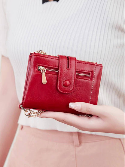 MIYIN Women'S & Men'S Red Bifold Wallet with Anti-Theft Chain Lock, Golden-Tone Hardware & Removable ID Window - Multi-Compartment Organizer with Card Slots