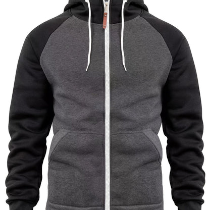 Men'S Stylish Color Block Hoodie - Casual Zip-Up Hooded Sweatshirt with Front Pockets, Long Sleeves, and Ribbed Cuffs - Maroon & Black Design, Comfortable for Fall and Winter Wear