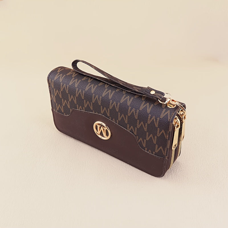 Women'S Elegant Patchwork Wallet & Wristlet Clutch - Large Capacity Double-Zip Coin Purse with Golden-Tone M-Logo, Golden-Tone Hardware & Wrist Strap