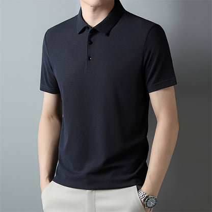 Men's Solid Short Sleeve And Lapel Collar Henley Shirt, Casual And Comfy Sports Tops For Summer Golf Wear And Outdoors Activities