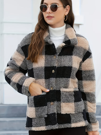 Women'S Plaid Jacket - Soft Brown/Black/Beige/White/Gray/ - Button-Front Closure, Structured Fit for Fall/Winter - Everyday & Formal Outfits - Cozy Outerwear for Women, Casual Wear, Classic Turndown Collar, Durable Fabric, Se
