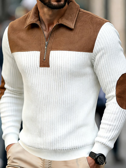 Men's Autumn Winter Color Block Pullover Sweater with Lapel